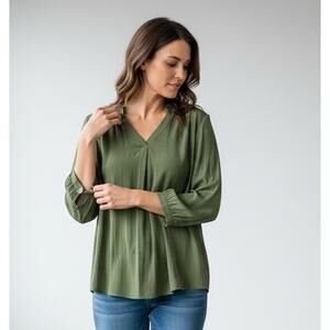 Chicos 3 Silky V Neck Popover Top XL Shiny Olive Green 3/4 Puff Sleeve Blouse